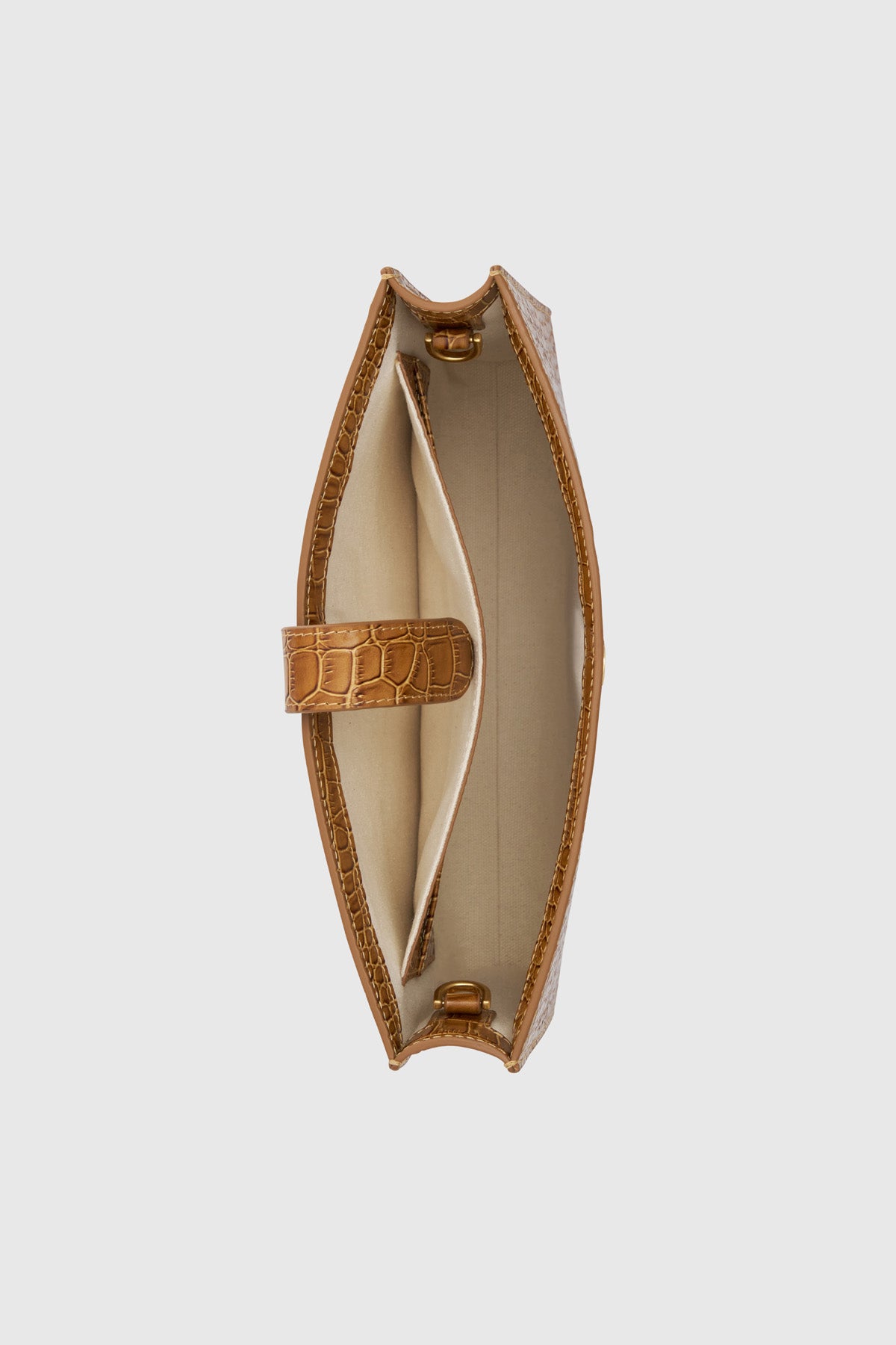 Top view CAMILLA AND MARC Mette Croc Clutch in tan croc‑embossed leather.
