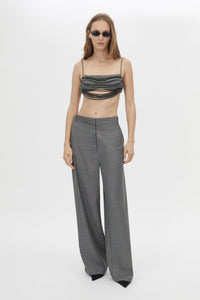 Front styled view CAMILLA AND MARC Meyer Beaded Pant in Charcoal Grey with a low‑rise tailored silhouette and beaded side seams.