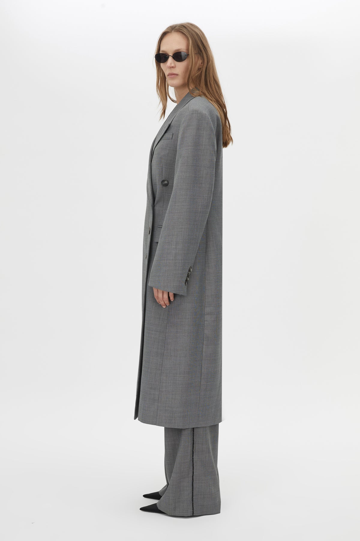 Side view CAMILLA AND MARC Meyer Double Breasted Coat in Charcoal Grey crafted from 100% Australian wool.