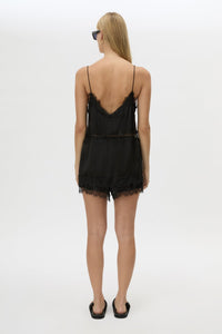 Back view CAMILLA AND MARC Mirage Lace Trim Top in Black with V‑neck cami silhouette, and lace border trim.