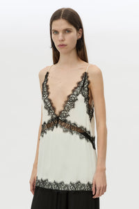 Cropped view CAMILLA AND MARC Mirage Lace Trim Top in Cream with V‑neck cami silhouette, and lace border trim.