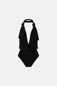Ghost view CAMILLA AND MARC Myro Bodysuit in black with a knotted wrap cowl neckline.
