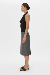 Side view CAMILLA AND MARC Myro Bodysuit in black with a knotted wrap cowl neckline.