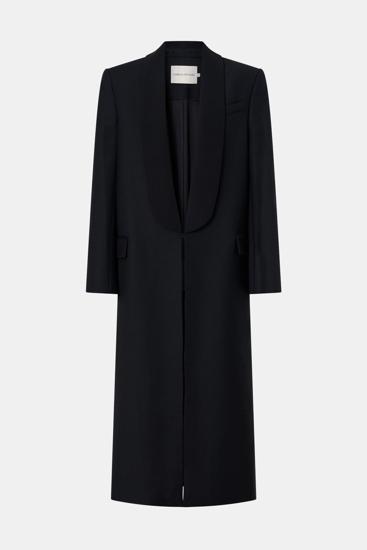 Ghost view CAMILLA AND MARC Natalini Coat in Black with contrast satin shawl collar.