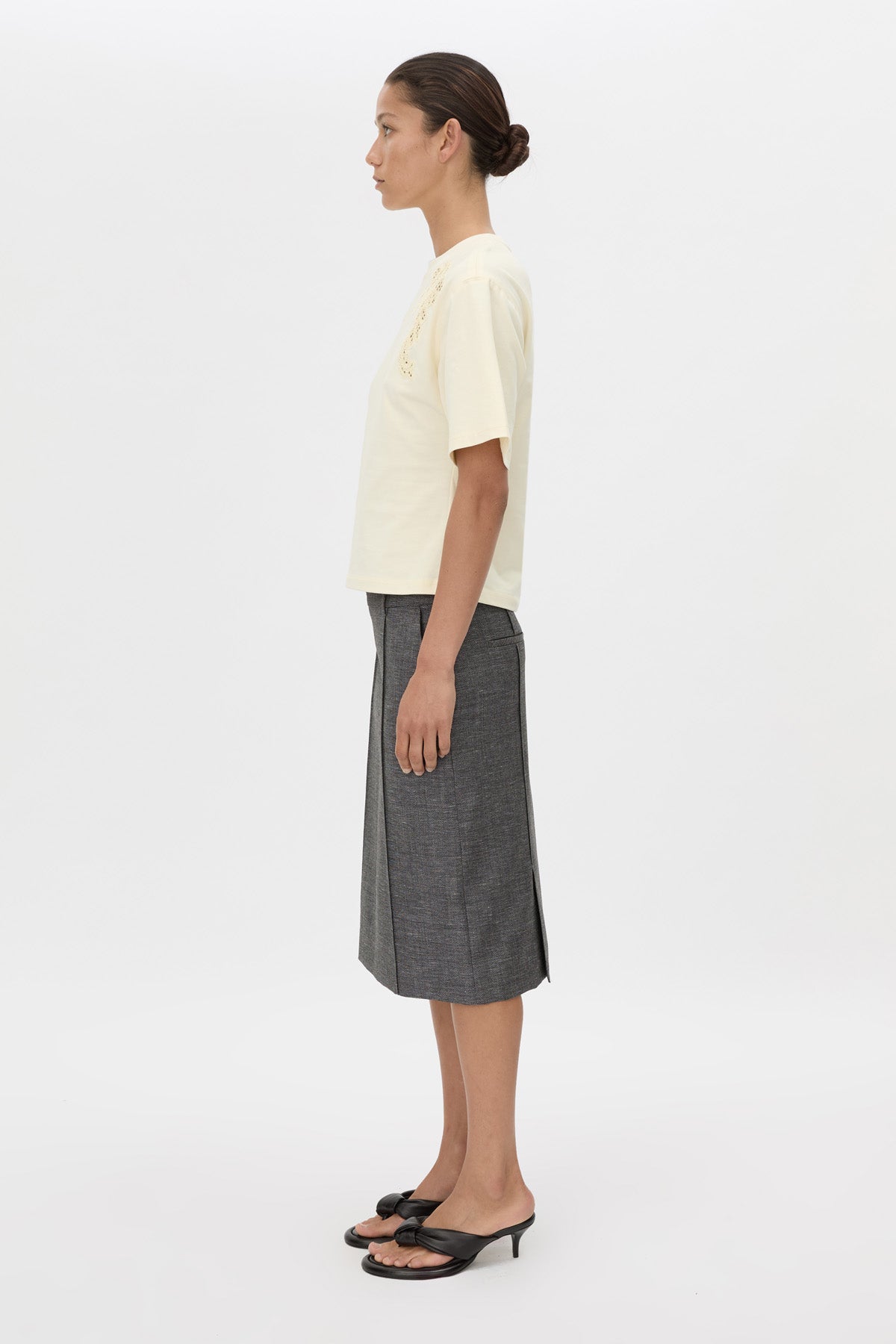 Side view CAMILLA AND MARC Niami Crochet Tee in cream with crochet detailing at the shoulder.