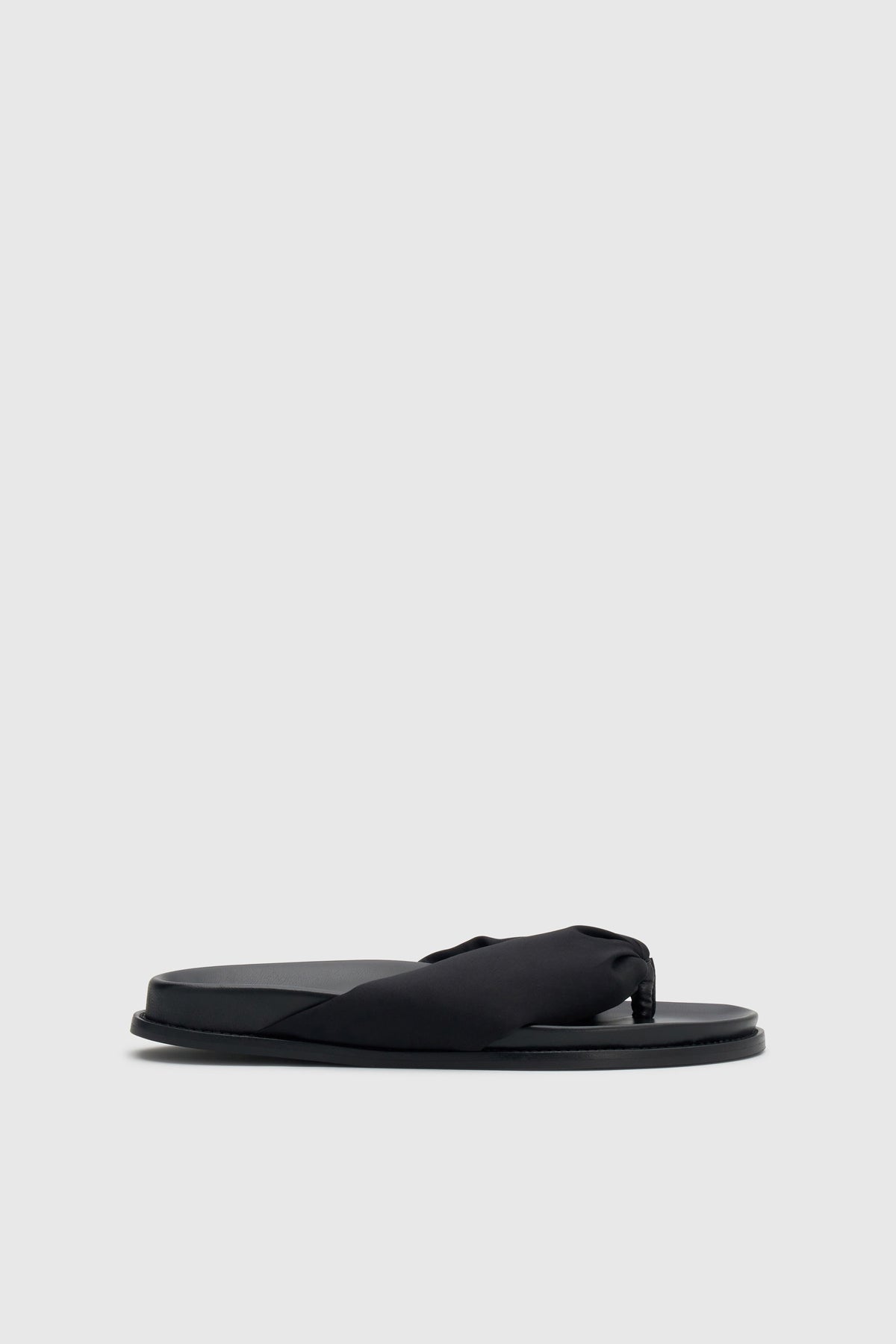 Front view CAMILLA AND MARC Nina Slide Sandal in Black with padded satin straps.