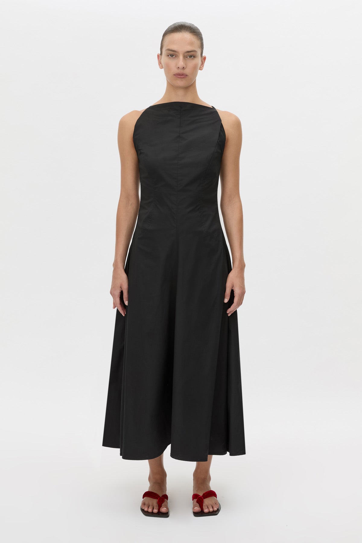 Front view CAMILLA AND MARC Onesto Cotton Midi Dress in black with a cowl neckline.