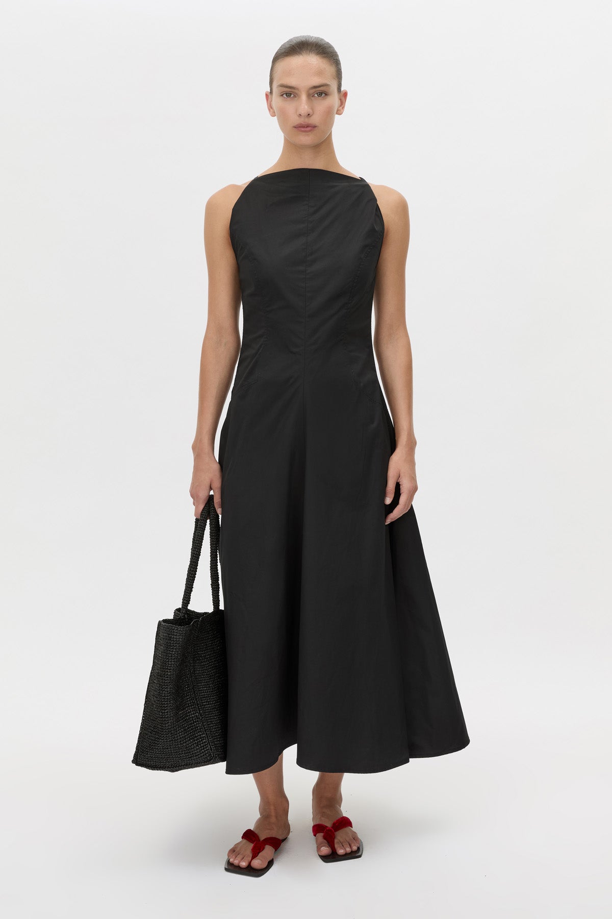 Front-styled view CAMILLA AND MARC Onesto Cotton Midi Dress in black with a cowl neckline.
