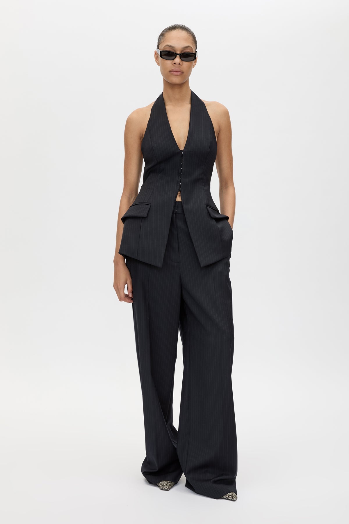 Front view CAMILLA AND MARC Orban Wide Leg Pant in Navy Pinstripe with tailored wide legs.