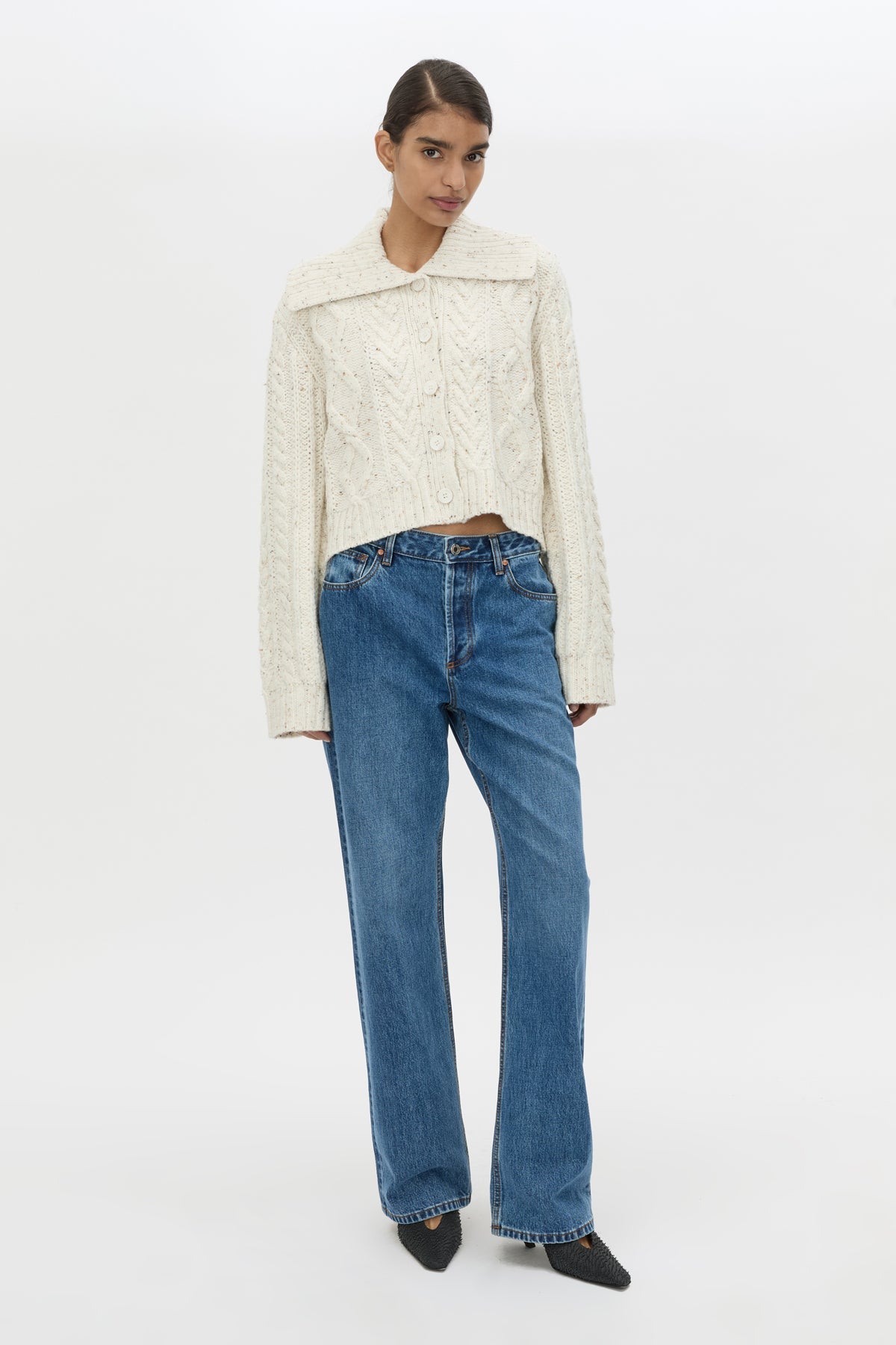 Front view CAMILLA AND MARC Oria Knit Cardigan in Marble cable‑knit with relaxed silhouette.