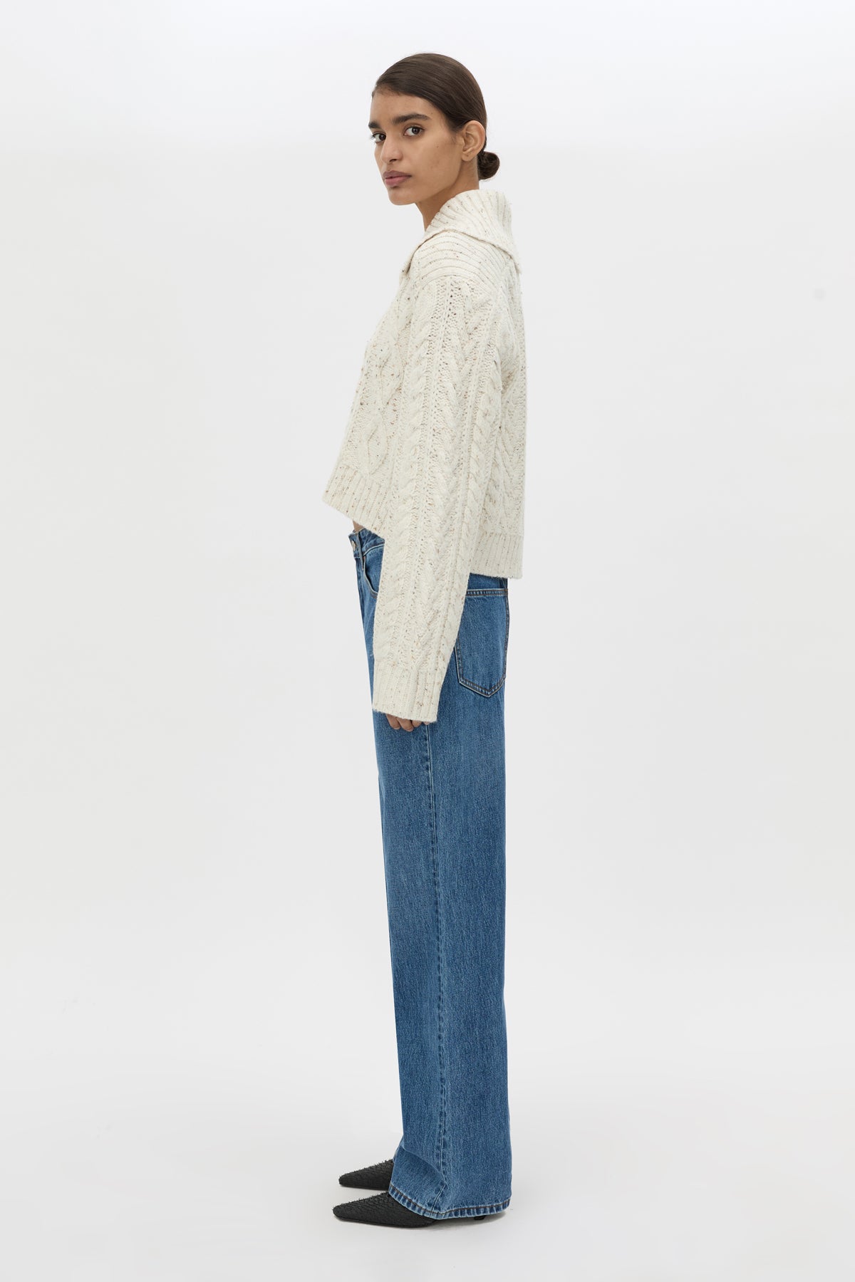 Side view CAMILLA AND MARC Oria Knit Cardigan in Marble cable‑knit with relaxed silhouette.