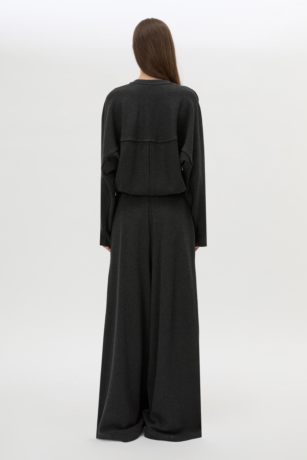 Back view CAMILLA AND MARC Pace Sweater in Charcoal Grey with crew neck and soft fleece finish.  
