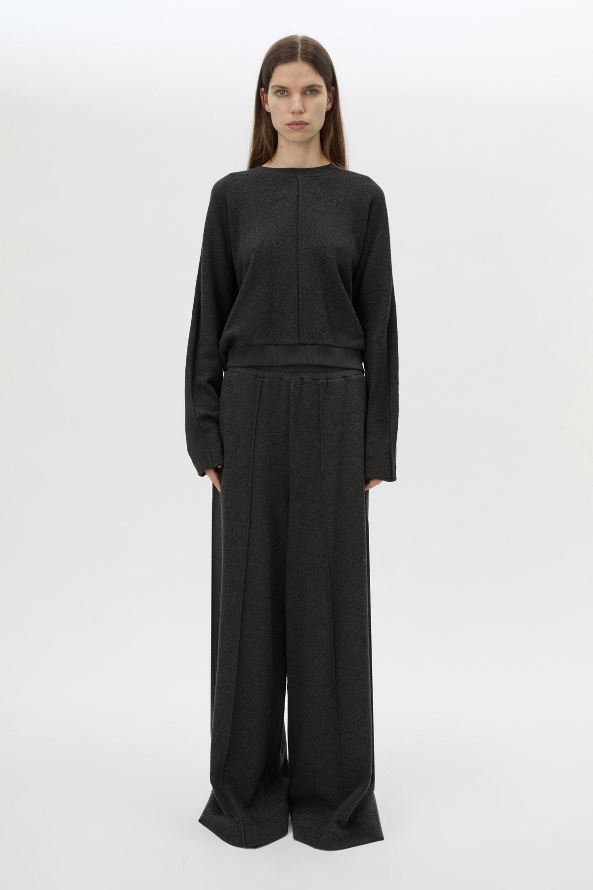 Front View CAMILLA AND MARC Pace Track Pant in charcoal grey with elasticated waist and wide-leg.