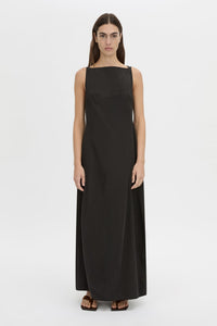 Front view CAMILLA AND MARC Paulena Maxi Dress in black with cocoon shaping and a straight neckline.