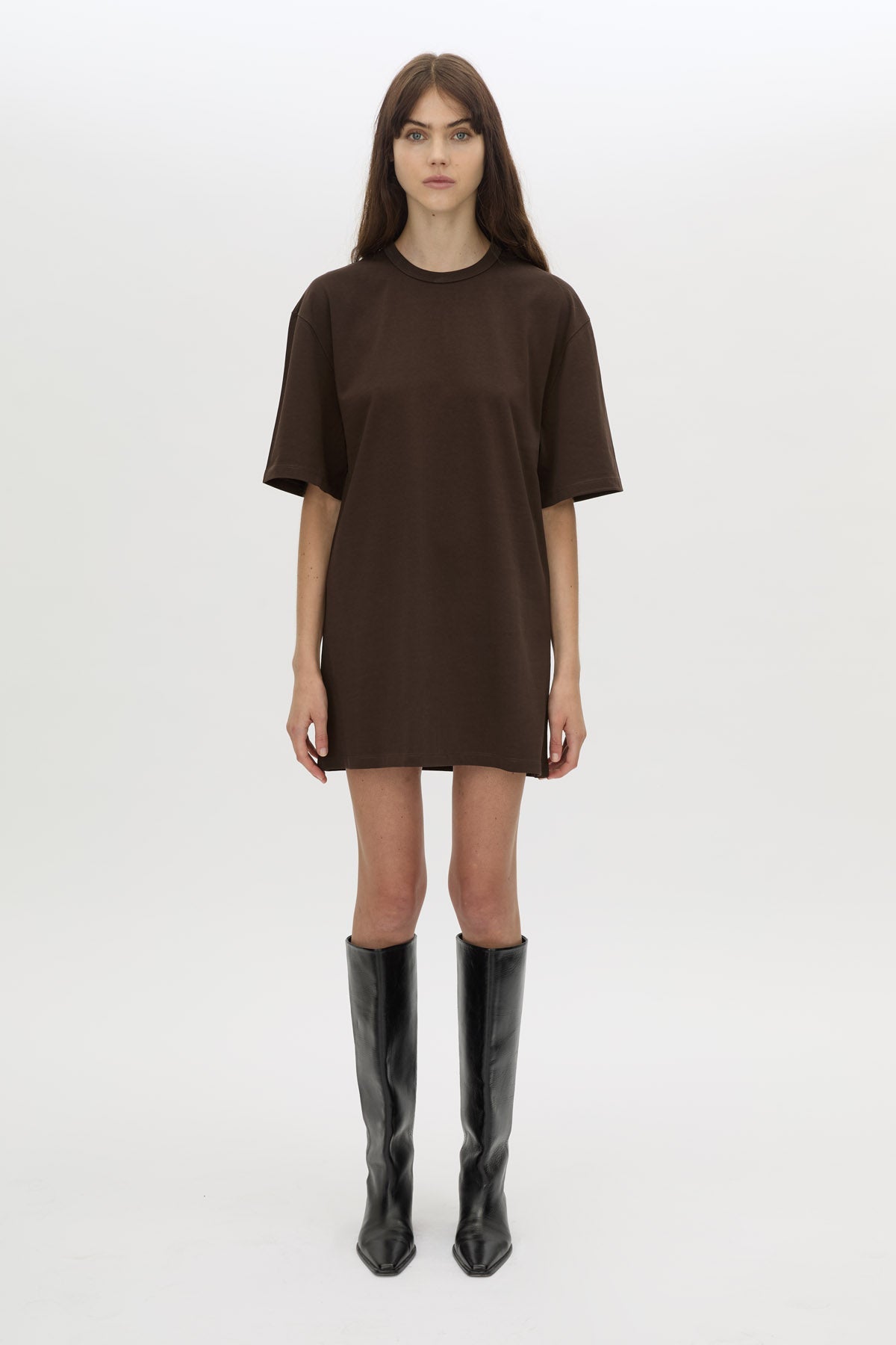 Front view CAMILLA AND MARC Peretti Mini Tee Dress in Espresso Brown styled with the Rowan Boot.