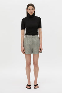 Front view CAMILLA AND MARC mid-rise Phostre Tailored Mini Short in black and white stripe with a fixed waistband.