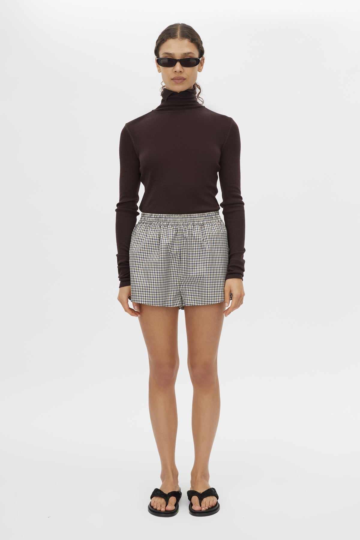 Front view CAMILLA AND MARC Pierce check elasticated mid-rise short in birch check with inseam pockets.