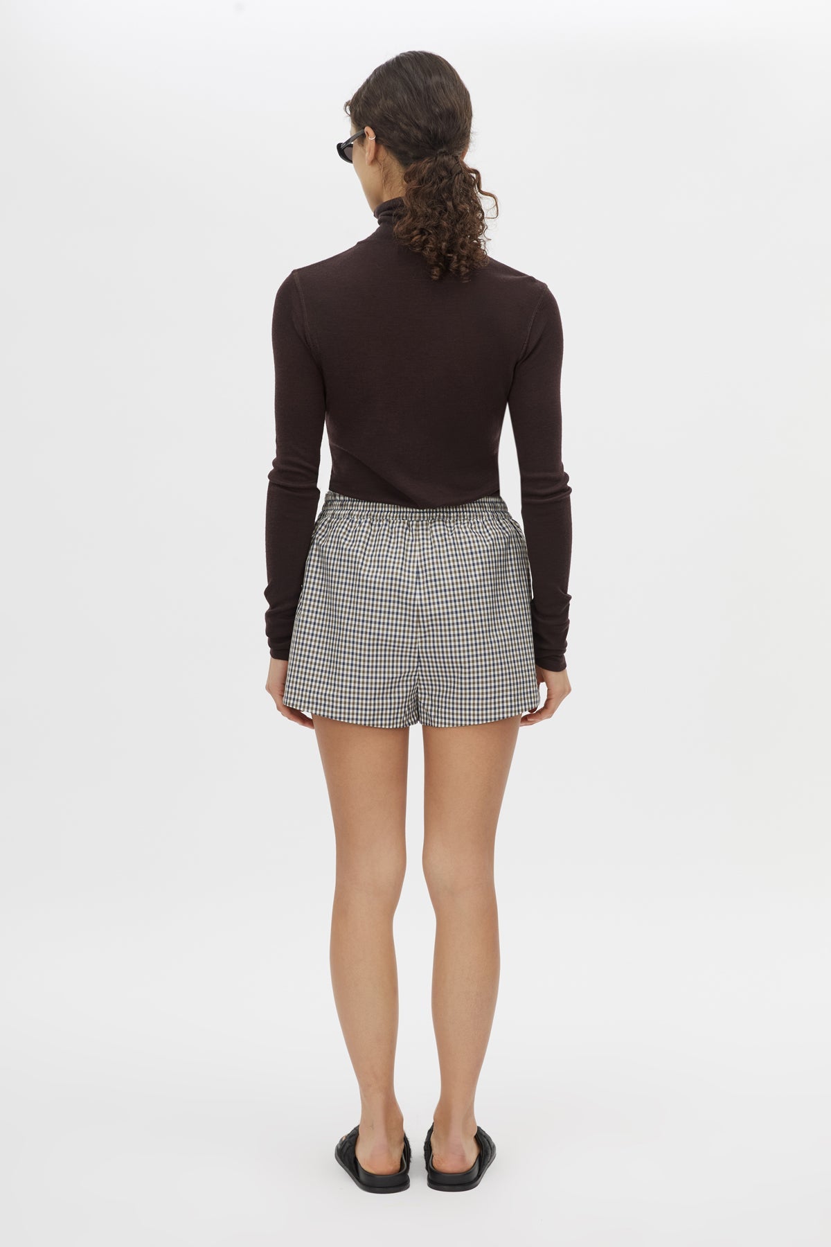 Back view CAMILLA AND MARC Pierce check elasticated mid-rise short in birch check with inseam pockets.