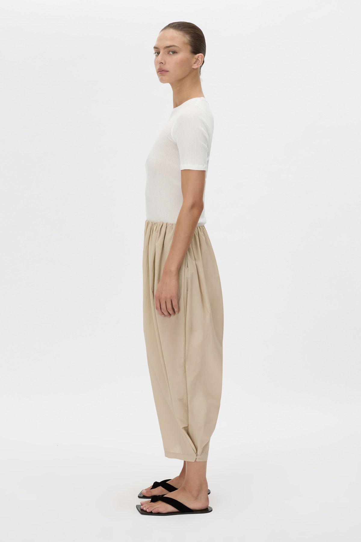Side view CAMILLA AND MARC Pietro Gathered Wide Leg Pant in stone with a voluminous leg.