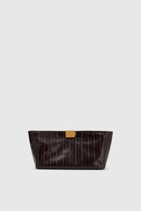 Front view CAMILLA AND MARC Poppy Eel Clutch in Burgundy eel‑embossed leather with ribbed gold hardware.