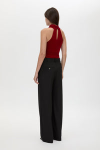 Back view CAMILLA AND MARC Ravine Bodysuit in Cherry Red with cross‑over neckline silhouette. 