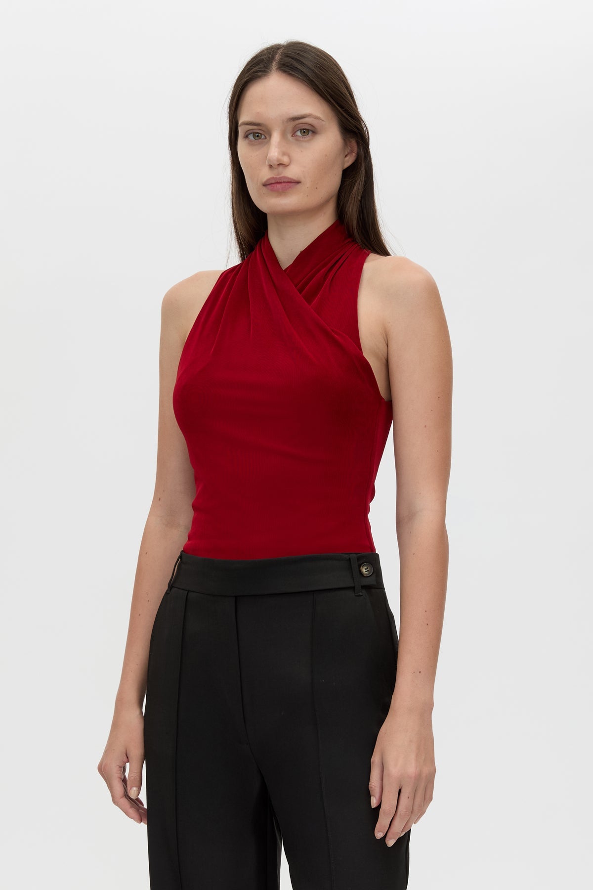 Cropped view CAMILLA AND MARC Ravine Bodysuit in Cherry Red with cross‑over neckline silhouette. 