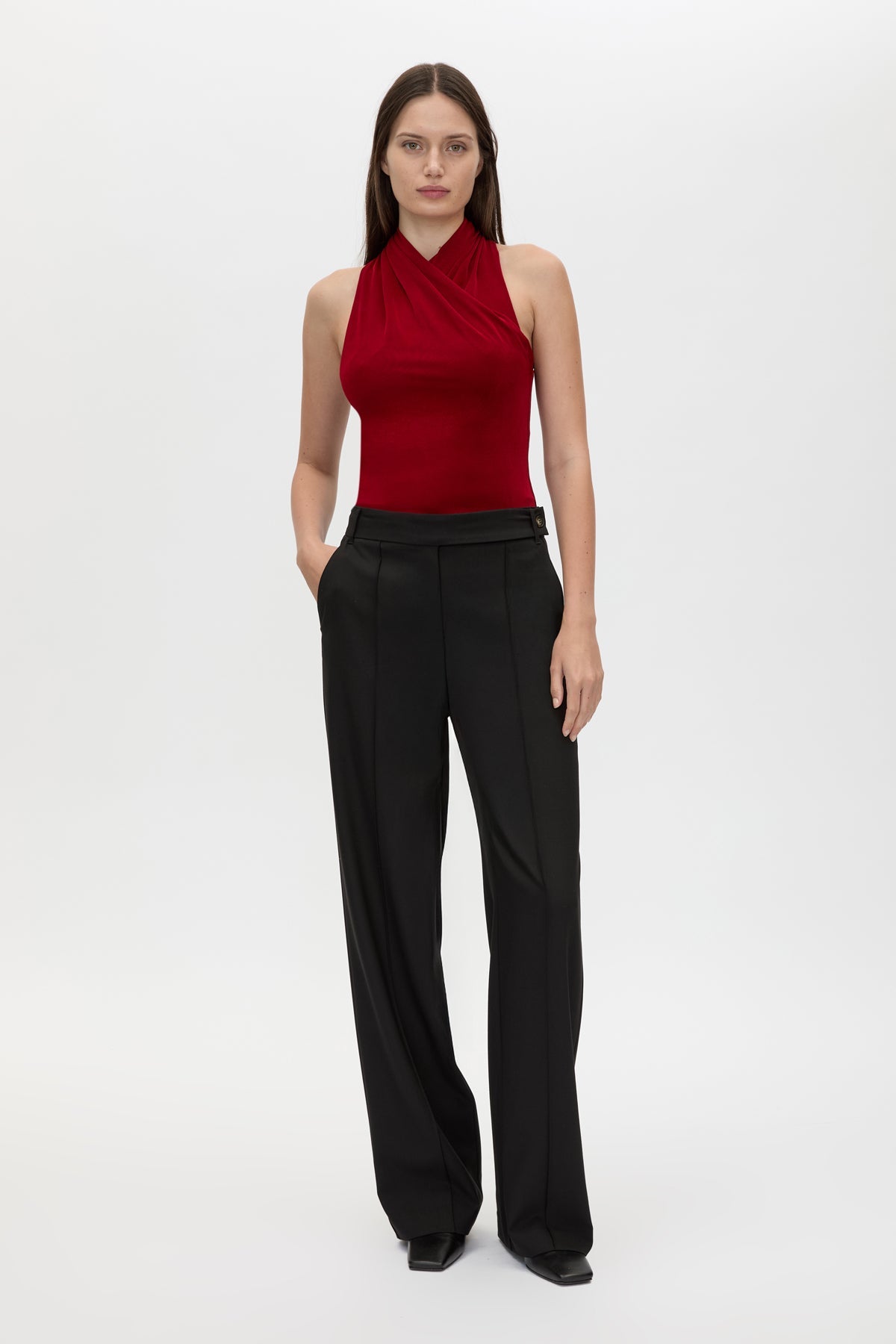 Front view CAMILLA AND MARC Ravine Bodysuit in Cherry Red with cross‑over neckline silhouette. 