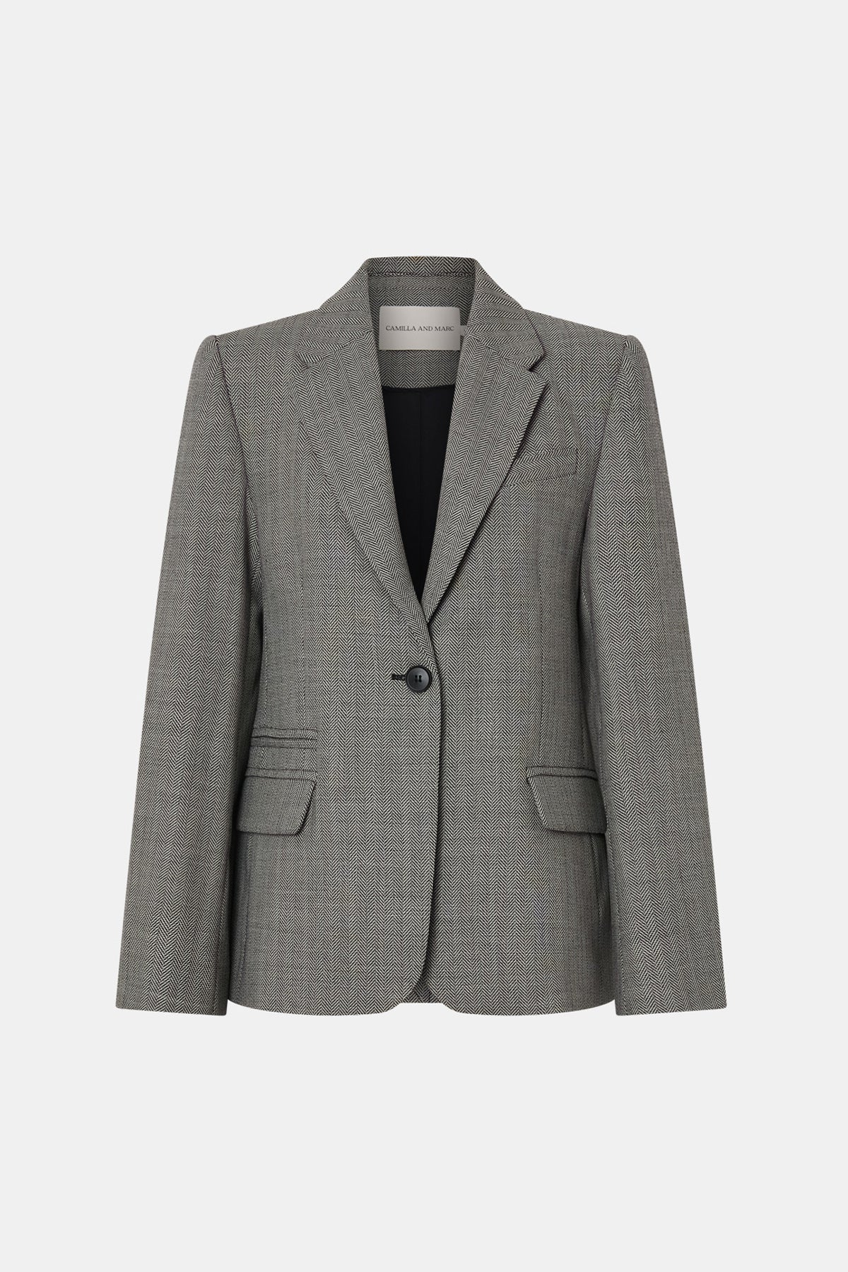 Back view CAMILLA AND MARC Ren Single Breasted Blazer in Charcoal Herringbone featuring 100% Australian Wool.