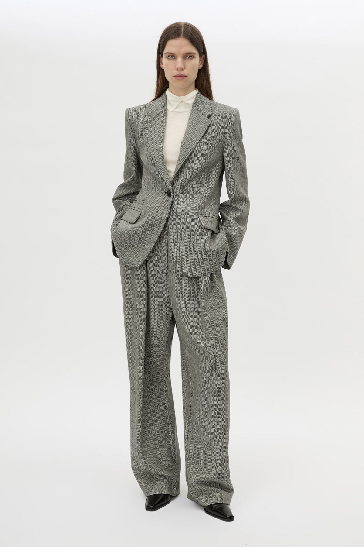 Front styled view CAMILLA AND MARC Ren Single Breasted Blazer in Charcoal Herringbone featuring 100% Australian Wool.