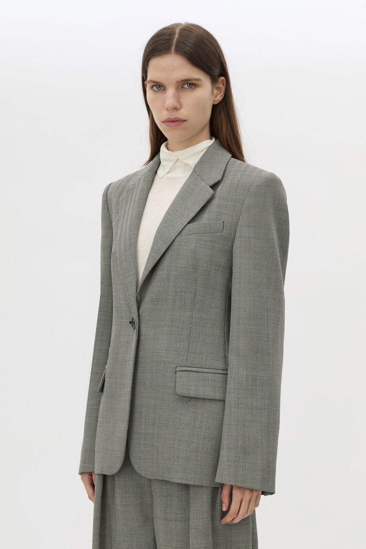 Cropped view CAMILLA AND MARC Ren Single Breasted Blazer in Charcoal Herringbone featuring 100% Australian Wool.