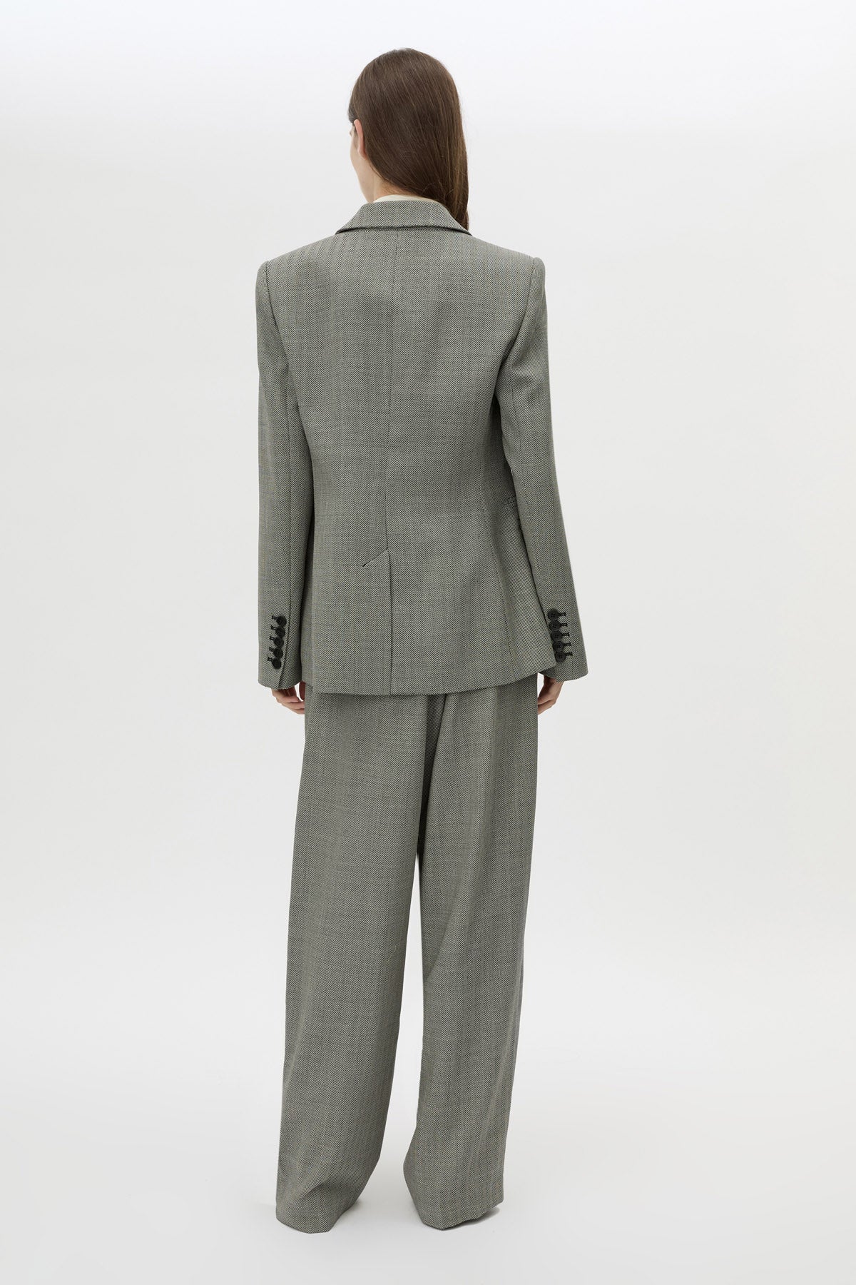 Back view CAMILLA AND MARC Ren Single Breasted Blazer in Charcoal Herringbone featuring 100% Australian Wool.