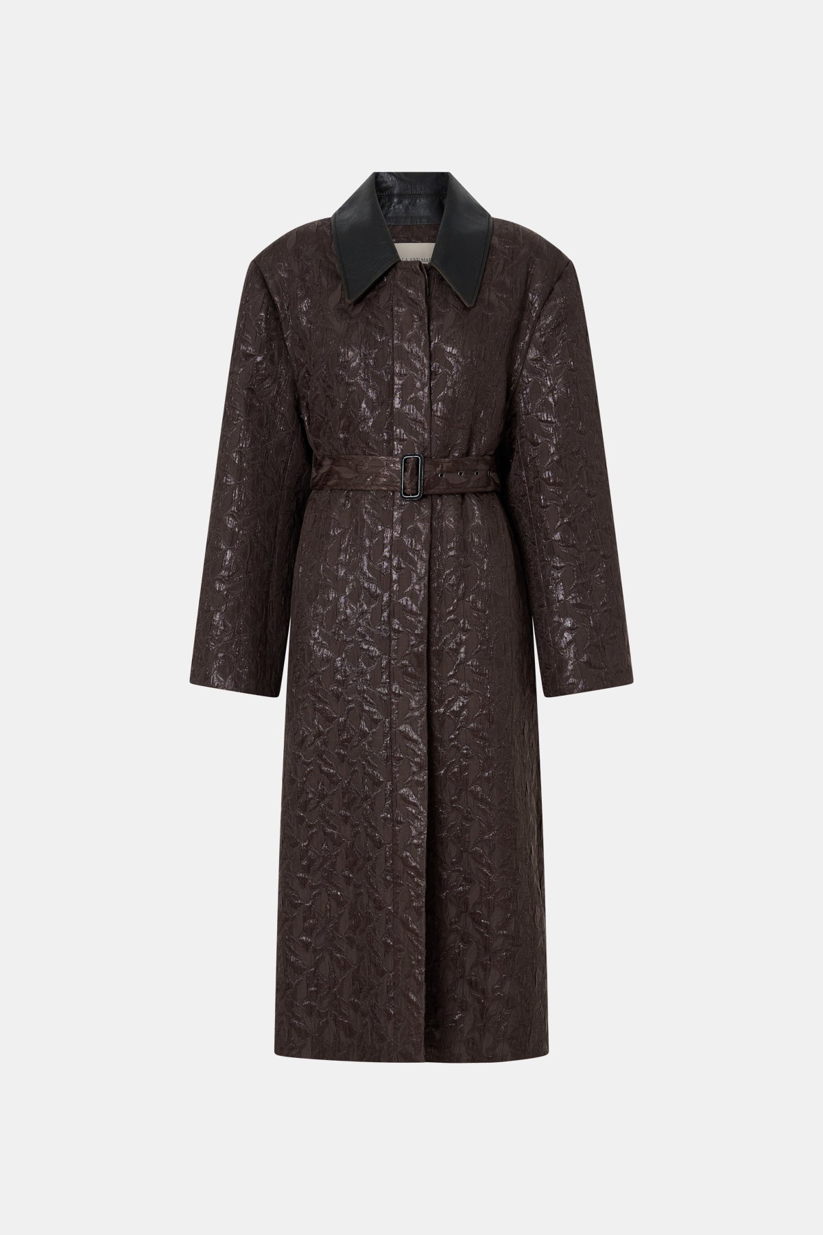 Ghost view CAMILLA AND MARC full-length Rennick Oversized Coat in chocolate brown with contrast leather collar and buckle belt. 