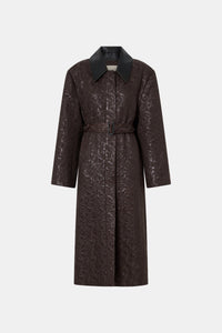 Ghost view CAMILLA AND MARC full-length Rennick Oversized Coat in chocolate brown with contrast leather collar and buckle belt. 