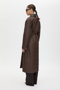 Back view CAMILLA AND MARC full-length Rennick Oversized Coat in chocolate brown with contrast leather collar and buckle belt. 
