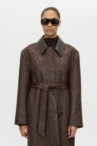 Cropped view CAMILLA AND MARC full-length Rennick Oversized Coat in chocolate brown with contrast leather collar and buckle belt. 