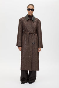 Styled view CAMILLA AND MARC full-length Rennick Oversized Coat in chocolate brown with contrast leather collar and buckle belt. 