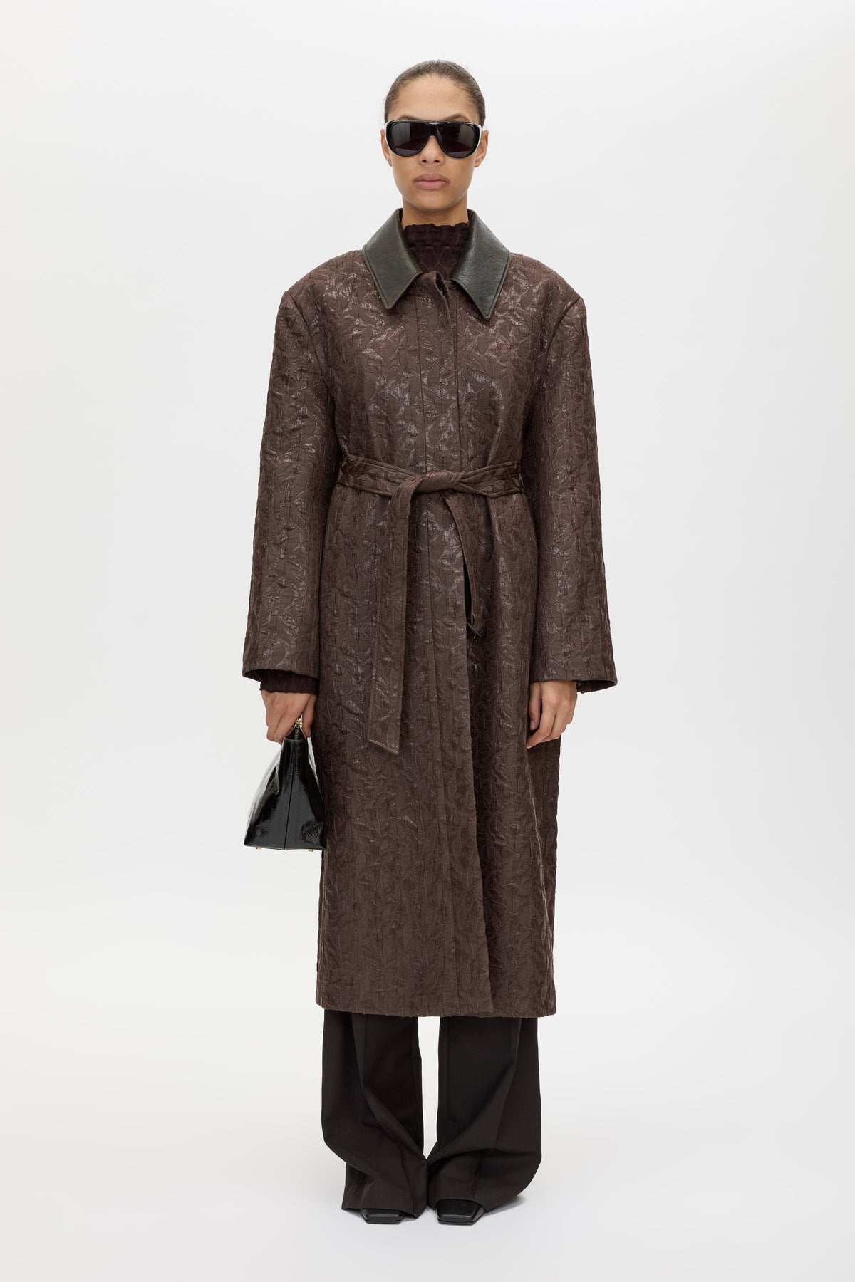 Front view CAMILLA AND MARC full-length Rennick Oversized Coat in chocolate brown with contrast leather collar and buckle belt.