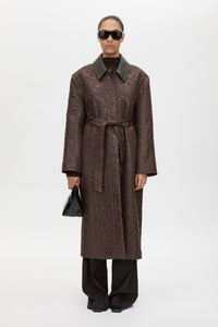 Front view CAMILLA AND MARC full-length Rennick Oversized Coat in chocolate brown with contrast leather collar and buckle belt.