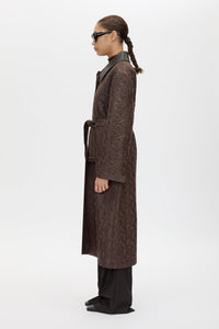 Side view CAMILLA AND MARC full-length Rennick Oversized Coat in chocolate brown with contrast leather collar and buckle belt. 