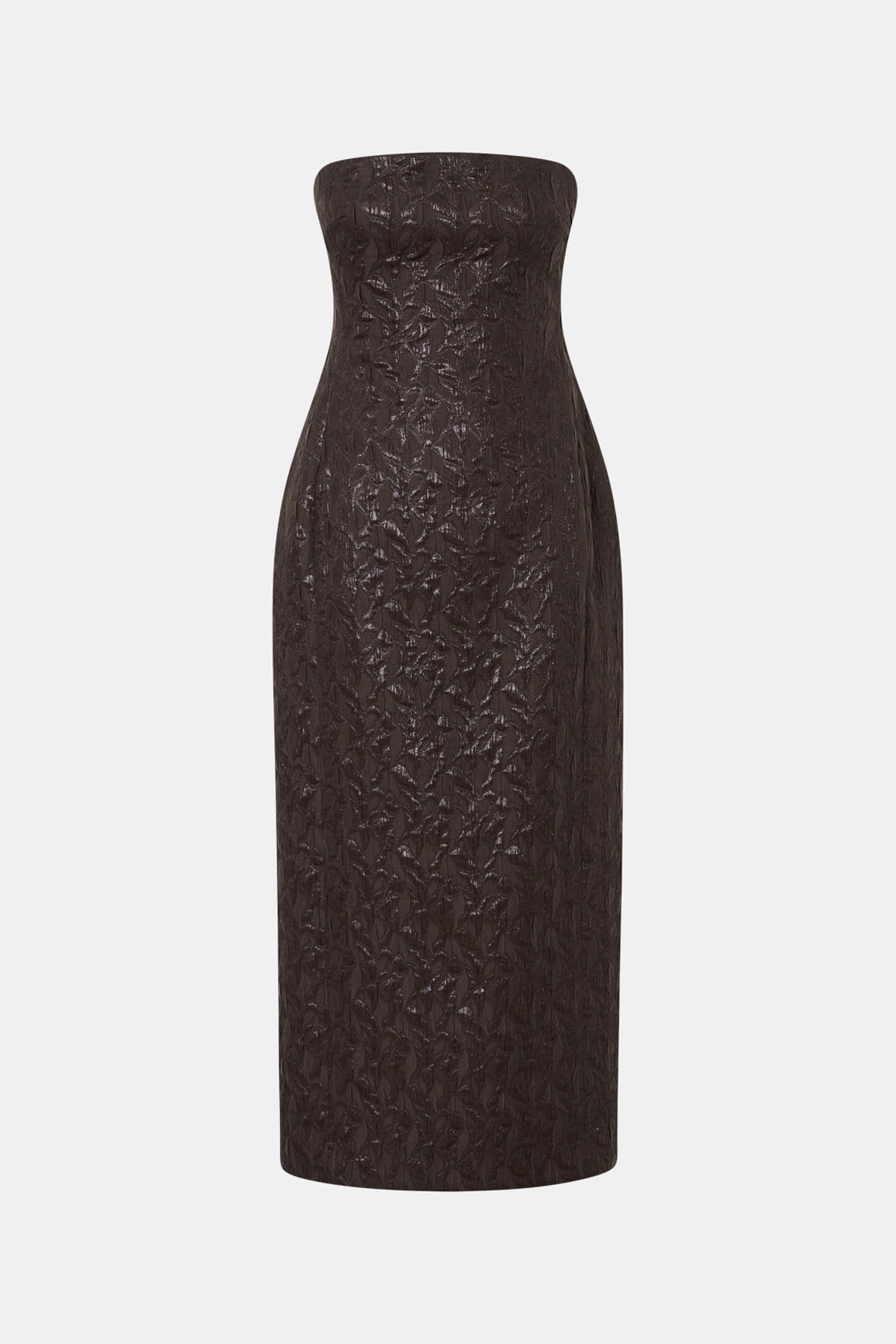 Ghost view CAMILLA AND MARC Rennick Strapless Midi Dress in chocolate brown with fitted internal bodice and exaggerated hip.