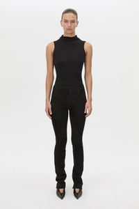 Front view CAMILLA AND MARC high-waisted Romina Pant in black stretch suede fabrication.