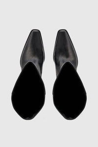 Top ghost view CAMILLA AND MARC Rowan Knee Boot in Black tumbled‑look Italian cow leather.