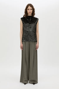 Front styled view CAMILLA AND MARC Sabel Top in Black with sequin finish and high crew neckline.