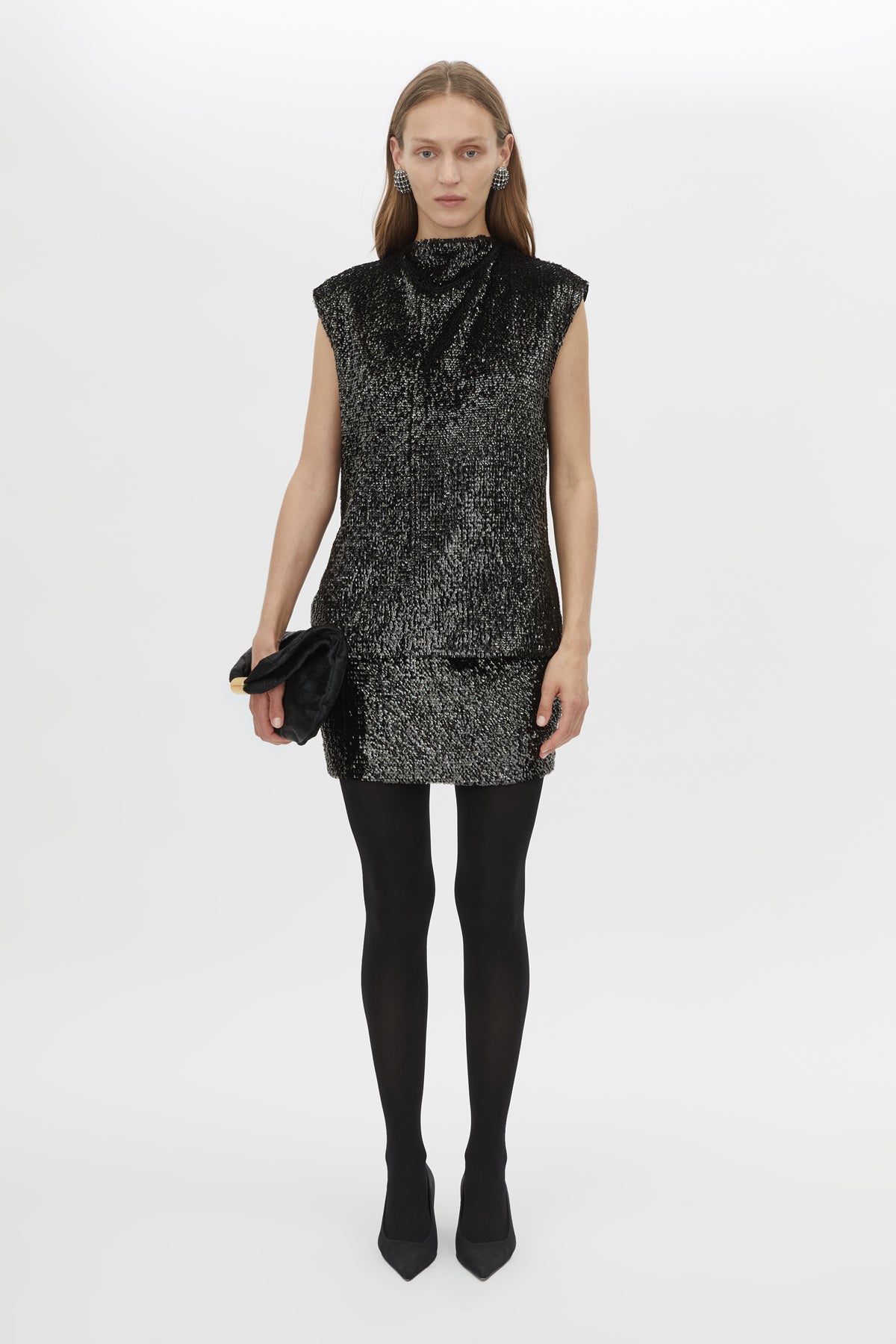 Front view CAMILLA AND MARC Sabel Top in Black with sequin finish and high crew neckline.