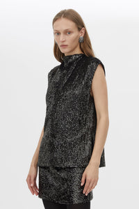 Cropped view CAMILLA AND MARC Sabel Top in Black with sequin finish and high crew neckline.
