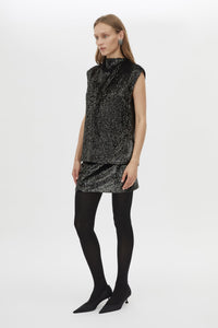 Three-quarter view CAMILLA AND MARC Sabel Top in Black with sequin finish and high crew neckline.