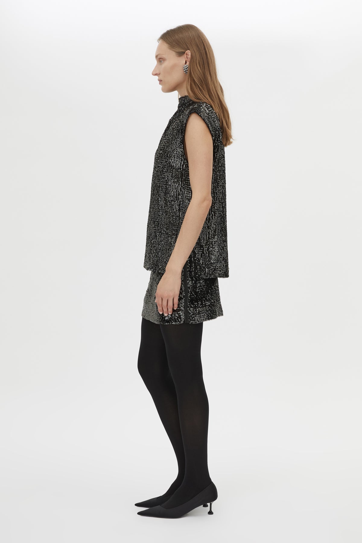 Side view CAMILLA AND MARC Sabel Top in Black with sequin finish and high crew neckline.
