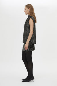 Side view CAMILLA AND MARC Sabel Top in Black with sequin finish and high crew neckline.
