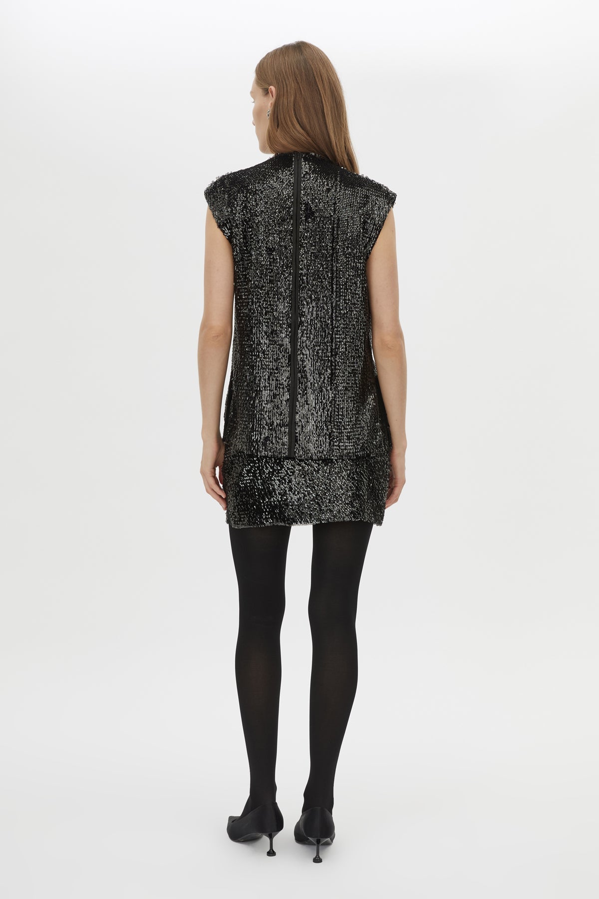 Back view CAMILLA AND MARC Sabel Top in Black with sequin finish and high crew neckline.