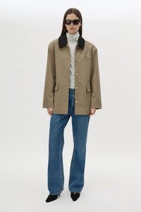 Front view CAMILLA AND MARC Sage Check Jacket in Walnut Check with denim detailing and contrast collar.